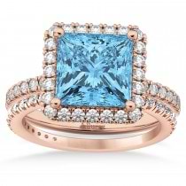 Blue Topaz & Diamonds Princess-Cut Halo Bridal Set 14K Rose Gold (3.74ct)