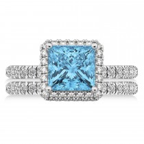 Blue Topaz & Diamonds Princess-Cut Halo Bridal Set 14K White Gold (3.74ct)