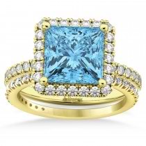 Blue Topaz & Diamonds Princess-Cut Halo Bridal Set 14K Yellow Gold (3.74ct)