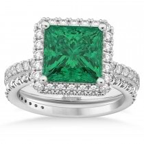Emerald & Diamonds Princess-Cut Halo Bridal Set 14K White Gold (3.84ct)