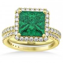 Emerald & Diamonds Princess-Cut Halo Bridal Set 14K Yellow Gold (3.84ct)