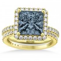 Gray Spinel & Diamonds Princess-Cut Halo Bridal Set 14K Yellow Gold (3.74ct)