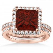 Garnet & Diamonds Princess-Cut Halo Bridal Set 14K Rose Gold (3.74ct)