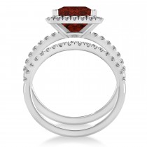 Garnet & Diamonds Princess-Cut Halo Bridal Set 14K White Gold (3.74ct)