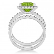 Peridot & Diamonds Princess-Cut Halo Bridal Set 14K White Gold (3.74ct)