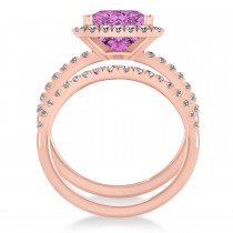 Pink Sapphire & Diamonds Princess-Cut Halo Bridal Set 14K Rose Gold (3.74ct)