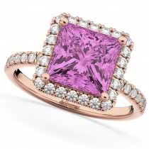 Pink Sapphire & Diamonds Princess-Cut Halo Bridal Set 14K Rose Gold (3.74ct)