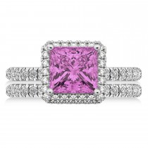 Pink Sapphire & Diamonds Princess-Cut Halo Bridal Set 14K White Gold (3.74ct)