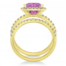Pink Sapphire & Diamonds Princess-Cut Halo Bridal Set 14K Yellow Gold (3.74ct)