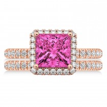 Pink Tourmaline & Diamonds Princess-Cut Halo Bridal Set 14K Rose Gold (3.74ct)