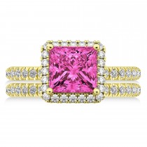 Pink Tourmaline & Diamonds Princess-Cut Halo Bridal Set 14K Yellow Gold (3.74ct)