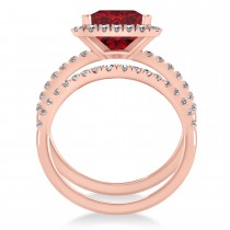 Ruby & Diamonds Princess-Cut Halo Bridal Set 14K Rose Gold (3.74ct)