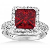 Ruby & Diamonds Princess-Cut Halo Bridal Set 14K White Gold (3.74ct)