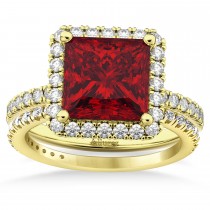 Ruby & Diamonds Princess-Cut Halo Bridal Set 14K Yellow Gold (3.74ct)