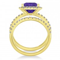 Tanzanite & Diamonds Princess-Cut Halo Bridal Set 14K Yellow Gold (3.74ct)