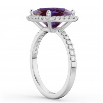 Princess Cut Halo Lab Alexandrite & Diamond Engagement Ring 14K White Gold 3.47ct