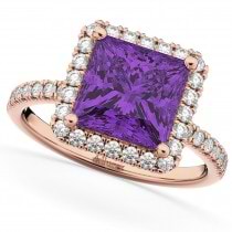 Princess Cut Halo Amethyst & Diamond Engagement Ring 14K Rose Gold 3.47ct