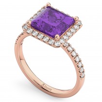 Princess Cut Halo Amethyst & Diamond Engagement Ring 14K Rose Gold 3.47ct