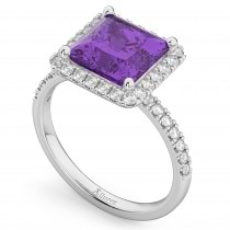 Princess Cut Halo Amethyst & Diamond Engagement Ring 14K White Gold 3.47ct