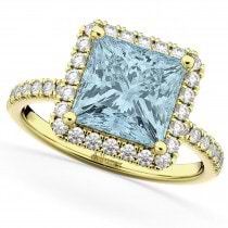 Princess Cut Halo Aquamarine & Diamond Engagement Ring 14K Yellow Gold 3.47ct