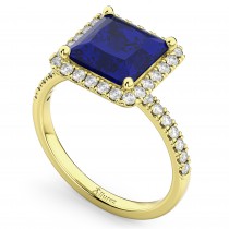 Princess Cut Halo Blue Sapphire & Diamond Engagement Ring 14K Yellow Gold 3.47ct