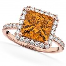 Princess Cut Halo Citrine & Diamond Engagement Ring 14K Rose Gold 3.47ct