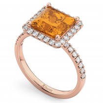 Princess Cut Halo Citrine & Diamond Engagement Ring 14K Rose Gold 3.47ct