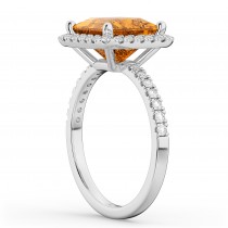 Princess Cut Halo Citrine & Diamond Engagement Ring 14K White Gold 3.47ct