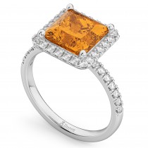 Princess Cut Halo Citrine & Diamond Engagement Ring 14K White Gold 3.47ct