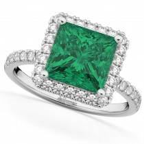 Princess Cut Halo Emerald & Diamond Engagement Ring 14K White Gold 3.57ct