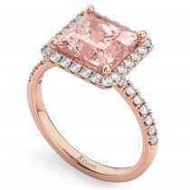 Princess Cut Halo Morganite & Diamond Engagement Ring 14K Rose Gold 3.47ct
