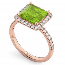 Princess Cut Halo Peridot & Diamond Engagement Ring 14K Rose Gold 3.47ct
