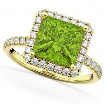 Princess Cut Halo Peridot & Diamond Engagement Ring 14K Yellow Gold 3.47ct