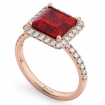 Princess Cut Halo Ruby & Diamond Engagement Ring 14K Rose Gold 3.47ct