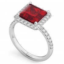 Princess Cut Halo Ruby & Diamond Engagement Ring 14K White Gold 3.47ct