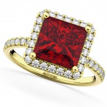 Princess Cut Halo Ruby & Diamond Engagement Ring 14K Yellow Gold 3.47ct