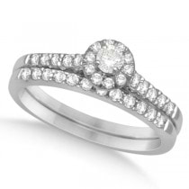 Bridal Set Diamond Halo Engagement Ring & Band 14K White Gold 0.52ct
