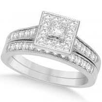 Square Halo Diamond Engagement Ring & Band Bridal Set 14K W. Gold 0.53ct
