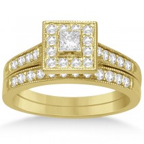 Square Halo Diamond Engagement Ring & Band Bridal Set 14K Y. Gold 0.53ct