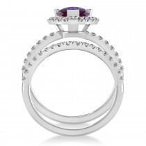 Lab Alexandrite & Diamonds Pear-Cut Halo Bridal Set 14K White Gold (2.48ct)