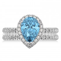 Blue Topaz & Diamonds Pear-Cut Halo Bridal Set 14K White Gold (2.18ct)