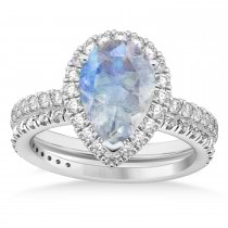 Moonstone & Diamonds Pear-Cut Halo Bridal Set 14K White Gold (2.78ct)