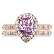 Pink Moissanite & Diamonds Pear-Cut Halo Bridal Set 14K Rose Gold (2.71ct)