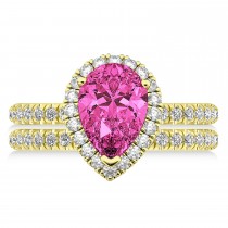 Pink Tourmaline & Diamonds Pear-Cut Halo Bridal Set 14K Yellow Gold (2.18ct)