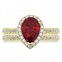 Ruby & Diamonds Pear-Cut Halo Bridal Set 14K Yellow Gold (3.28ct)