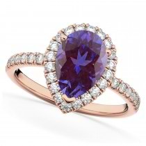 Pear Cut Halo Lab Alexandrite & Diamond Engagement Ring 14K Rose Gold 2.21ct