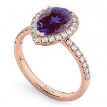 Pear Cut Halo Lab Alexandrite & Diamond Engagement Ring 14K Rose Gold 2.21ct