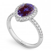 Pear Cut Halo Lab Alexandrite & Diamond Engagement Ring 14K White Gold 2.21ct