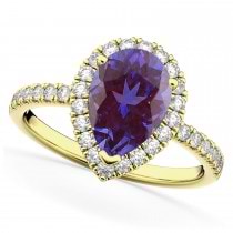 Pear Cut Halo Lab Alexandrite & Diamond Engagement Ring 14K Yellow Gold 2.21ct