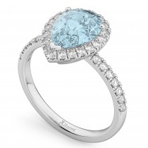 Pear Cut Halo Aquamarine & Diamond Engagement Ring 14K White Gold 2.36ct